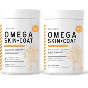 Chew + Heal Omega Skin + Coat Dog & Cat Supplement, 2 pack, 360 count