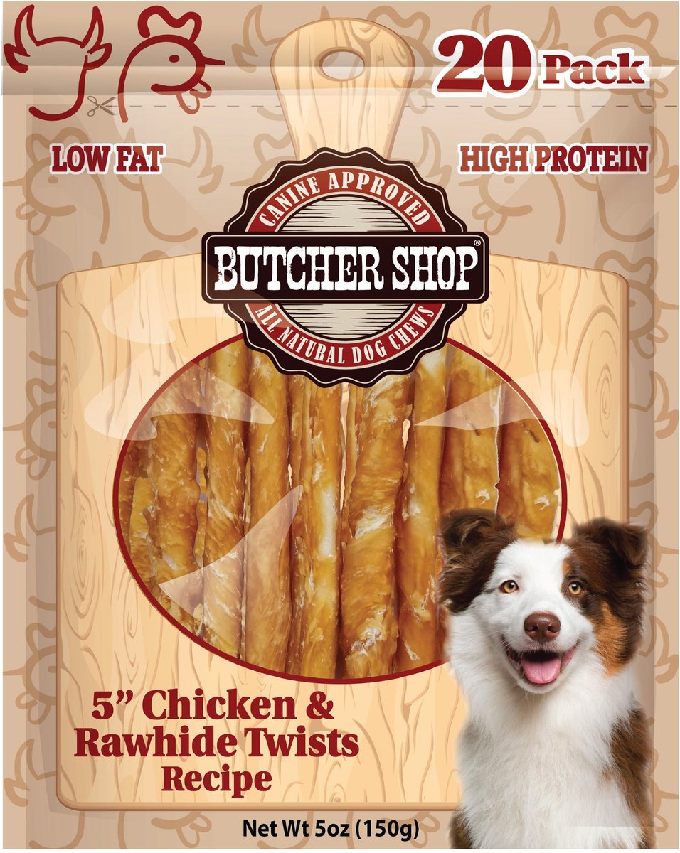 BUTCHER SHOP 5in Chicken & Rawhide Twists Recipe Dog Jerky Treat, 8oz
