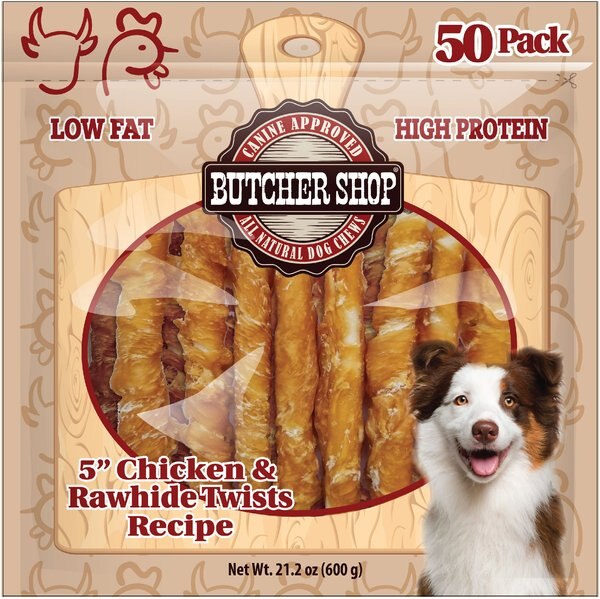 BUTCHER SHOP 5in Chicken & Rawhide Twists Recipe Dog Jerky Treat, 21.1