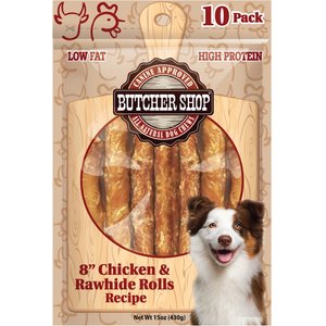 BUTCHER SHOP 8 in Chicken Rawhide Rolls Recipe Dog Treat 10 oz bag Chewy