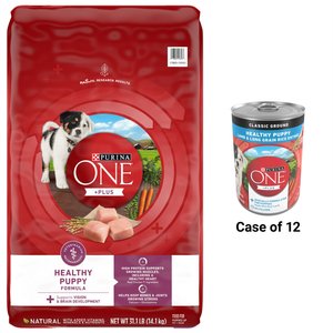 Purina ONE +Plus High Protein Healthy Puppy Formula Dry Food + Classic Ground Healthy Puppy Lamb & Long Grain Rice Entree Canned Dog Food