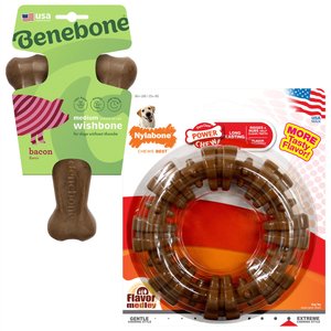 Nylabone Power Chew Textured Chew Ring Toy + Benebone Bacon Flavor Wishbone Tough Dog Chew Toy