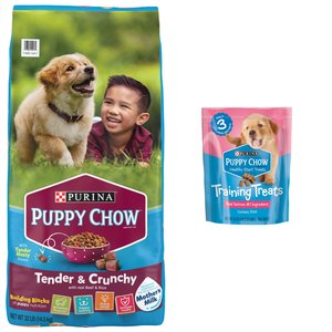 Puppy Chow Tender & Crunchy with Real Beef Dry Food + Healthy Start Salmon Flavor Training Dog Treats, 24-oz pouch