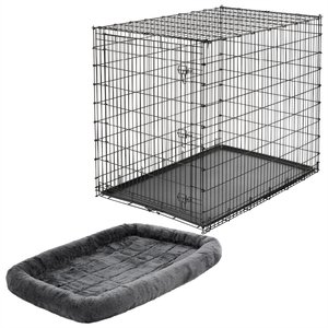 Frisco Heavy Duty Single Door Wire Dog Crate, XX-Large + MidWest Quiet Time Fleece Dog Crate Mat, Gray, 54-in