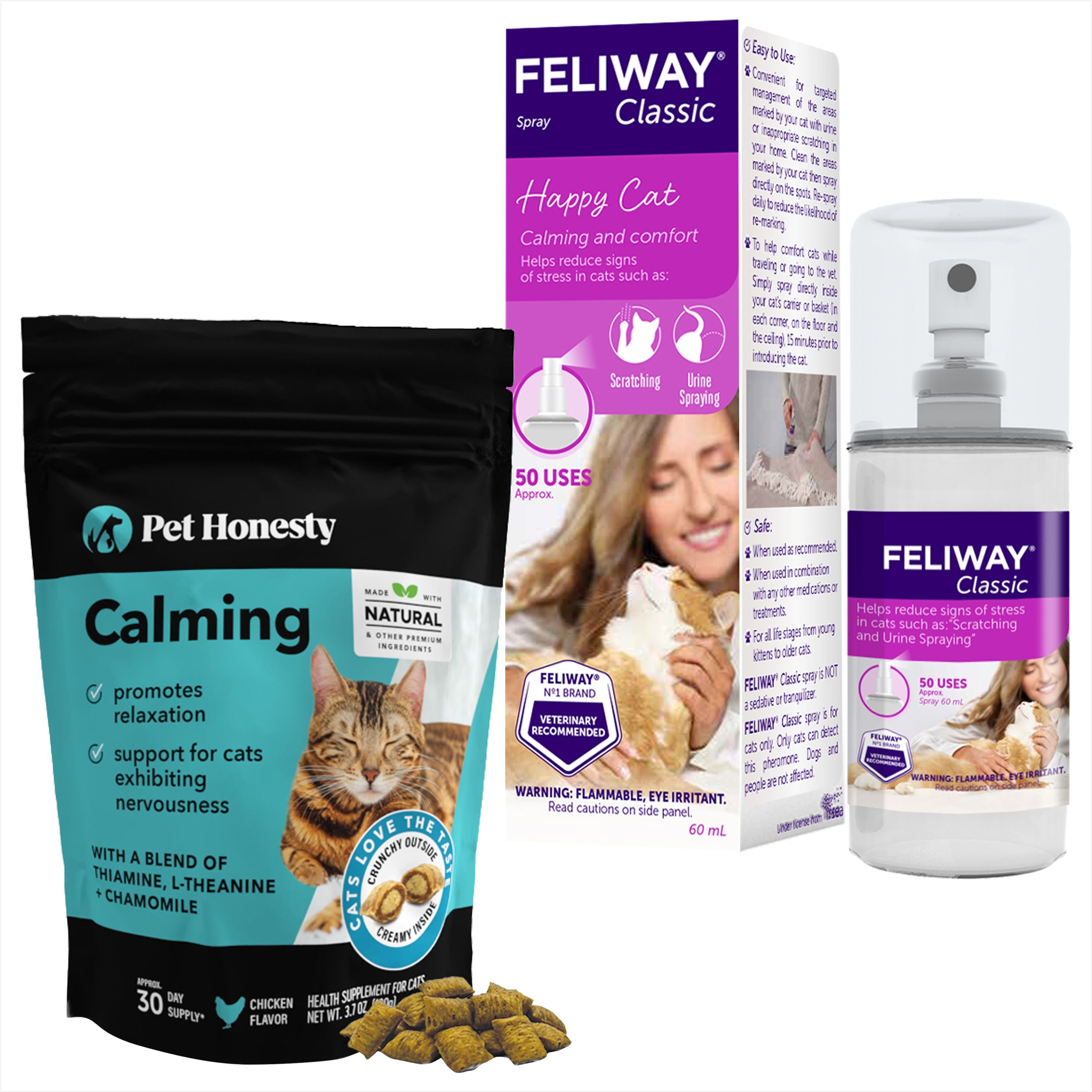 Feliway Classic Calming Spray for Cats PetHonesty Dual Texture Calming Chews Anxiety Relief Behavioral Support Supplement for Cats reviews Chewy