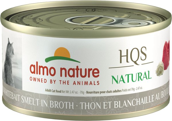 Almo Nature HQS Natural Tuna & Whitebait Smelt in Broth Grain-Free Canned Cat Food, 2.47-oz, case of 24 slide 1 of 9