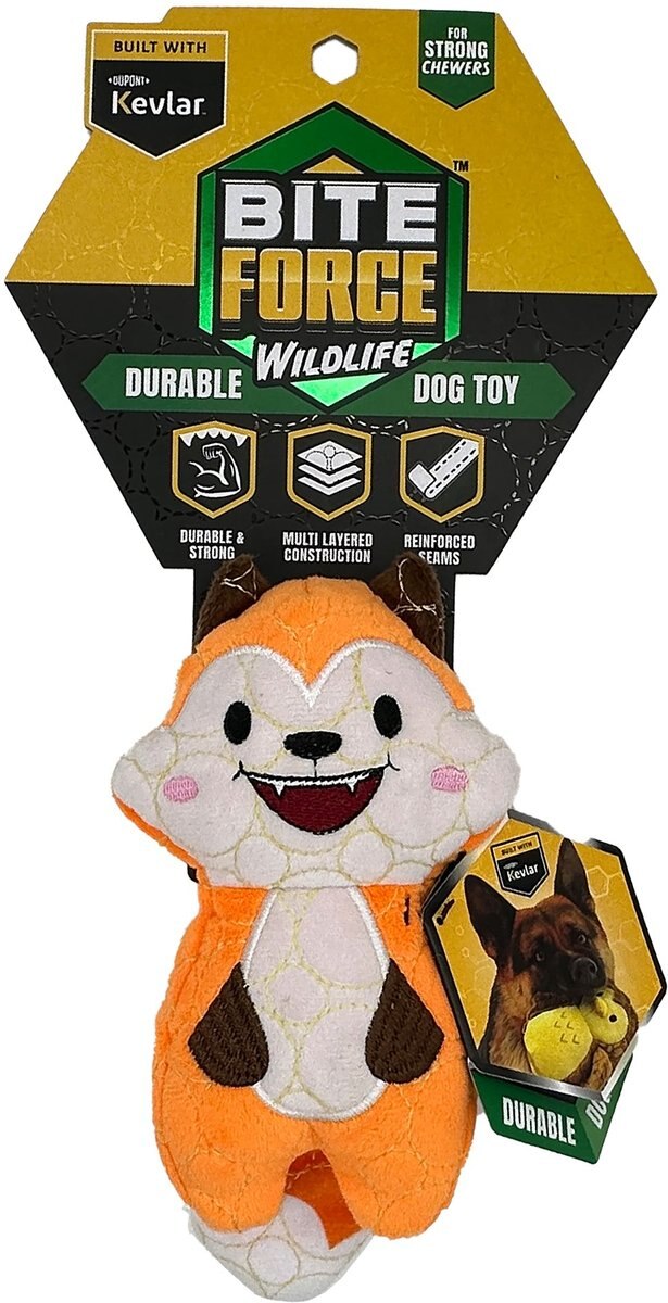 BITE FORCE Built with Kevlar Tough Plush Fox Dog Toy, Orange