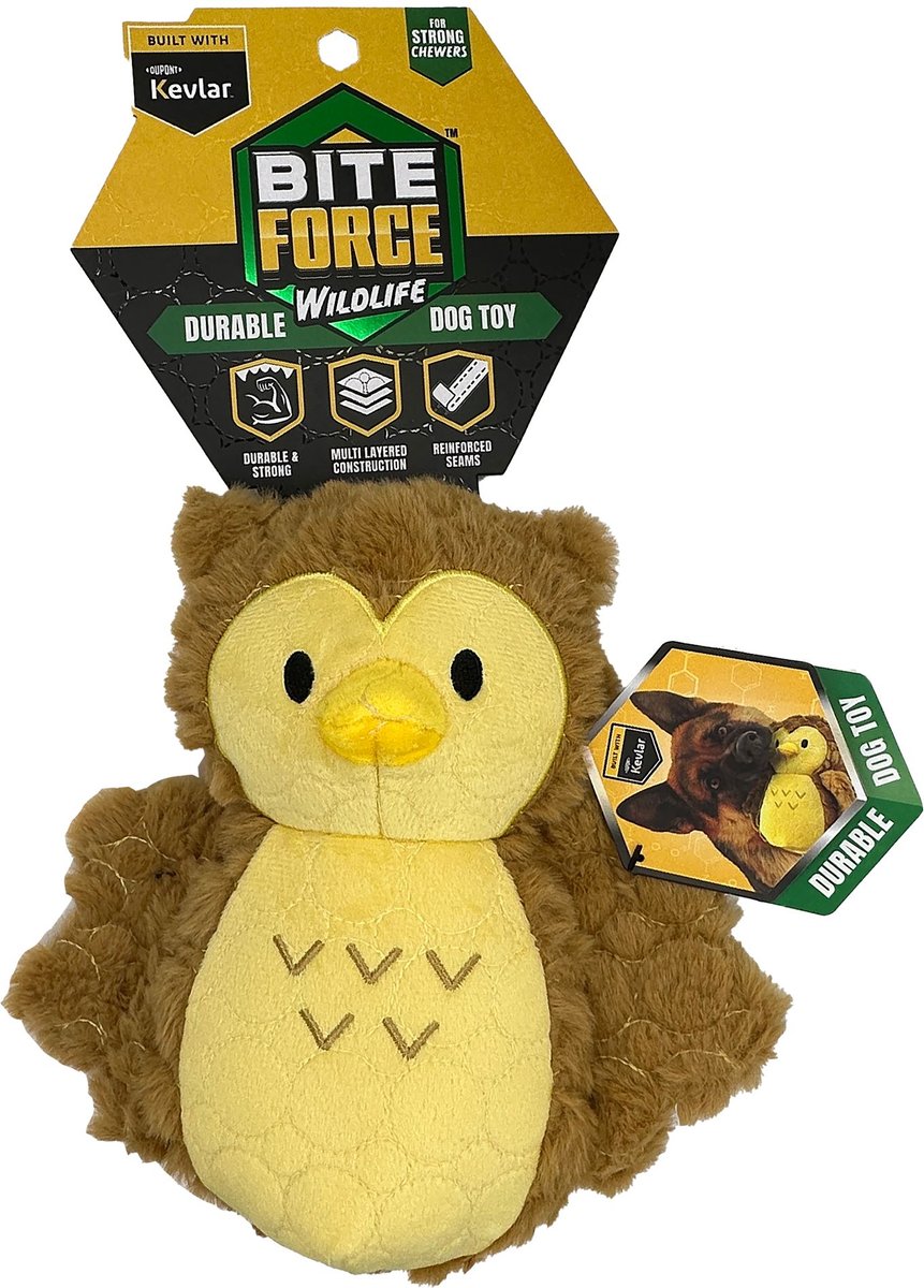 BITE FORCE Built with Kevlar Tough Plush Owl Dog Toy, Brown