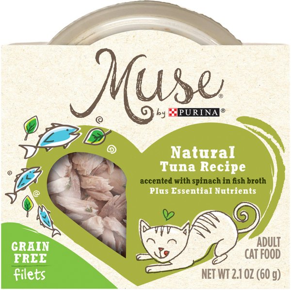 Purina Muse Natural Grain Free Filets Tuna Recipe Accented with Spinach in Fish Broth Cat Food Trays 2.1 oz case of 10