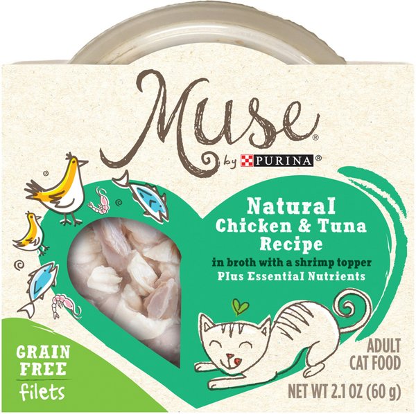 Purina Muse Natural Grain Free Filets Chicken Tuna Recipe in Broth with a Shrimp Topper Cat Food Trays 2.1 oz case of 10