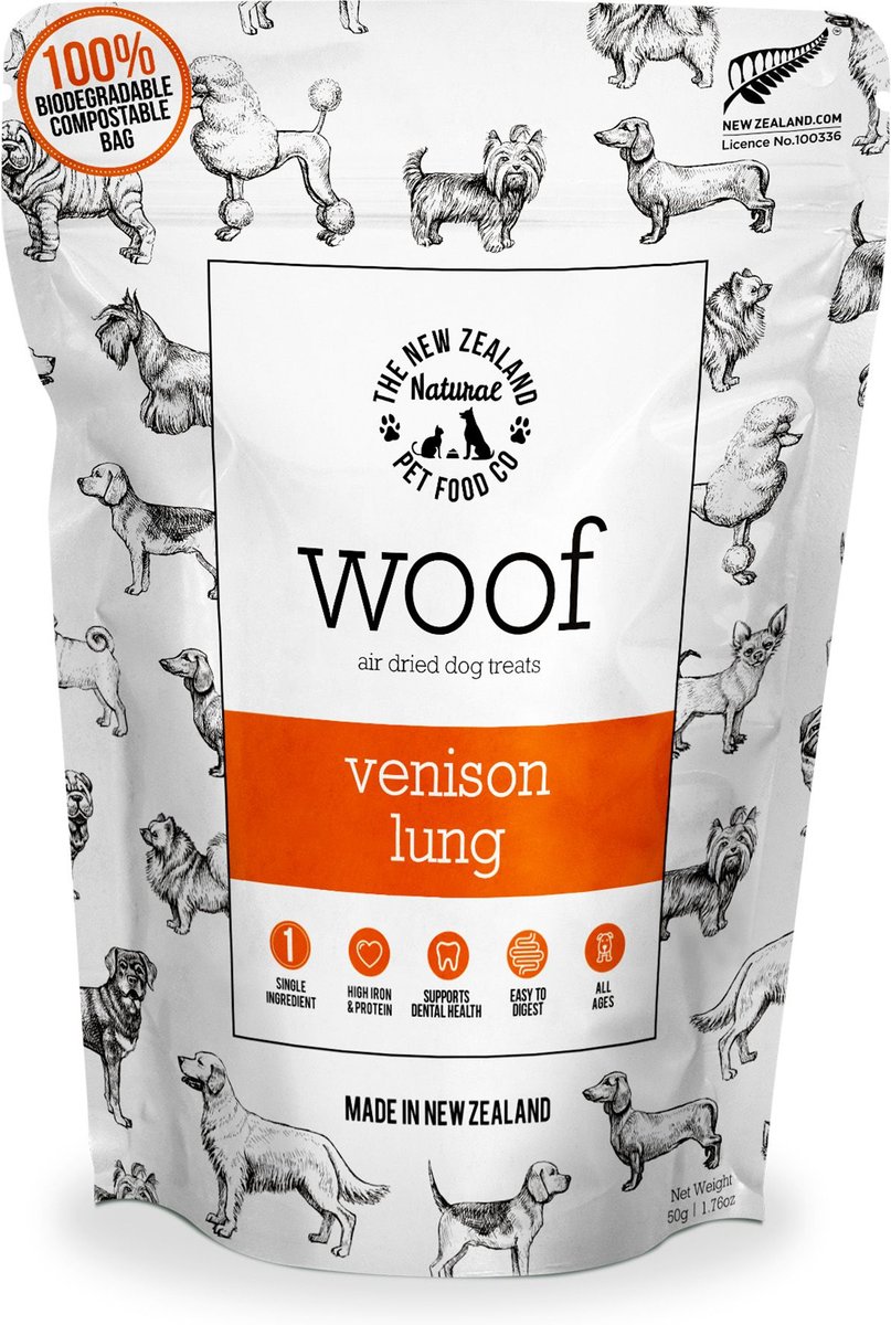 The New Zealand Natural Pet Food Co. Woof Venison Lung Air Dried Dog Treat, 1.76-oz bag