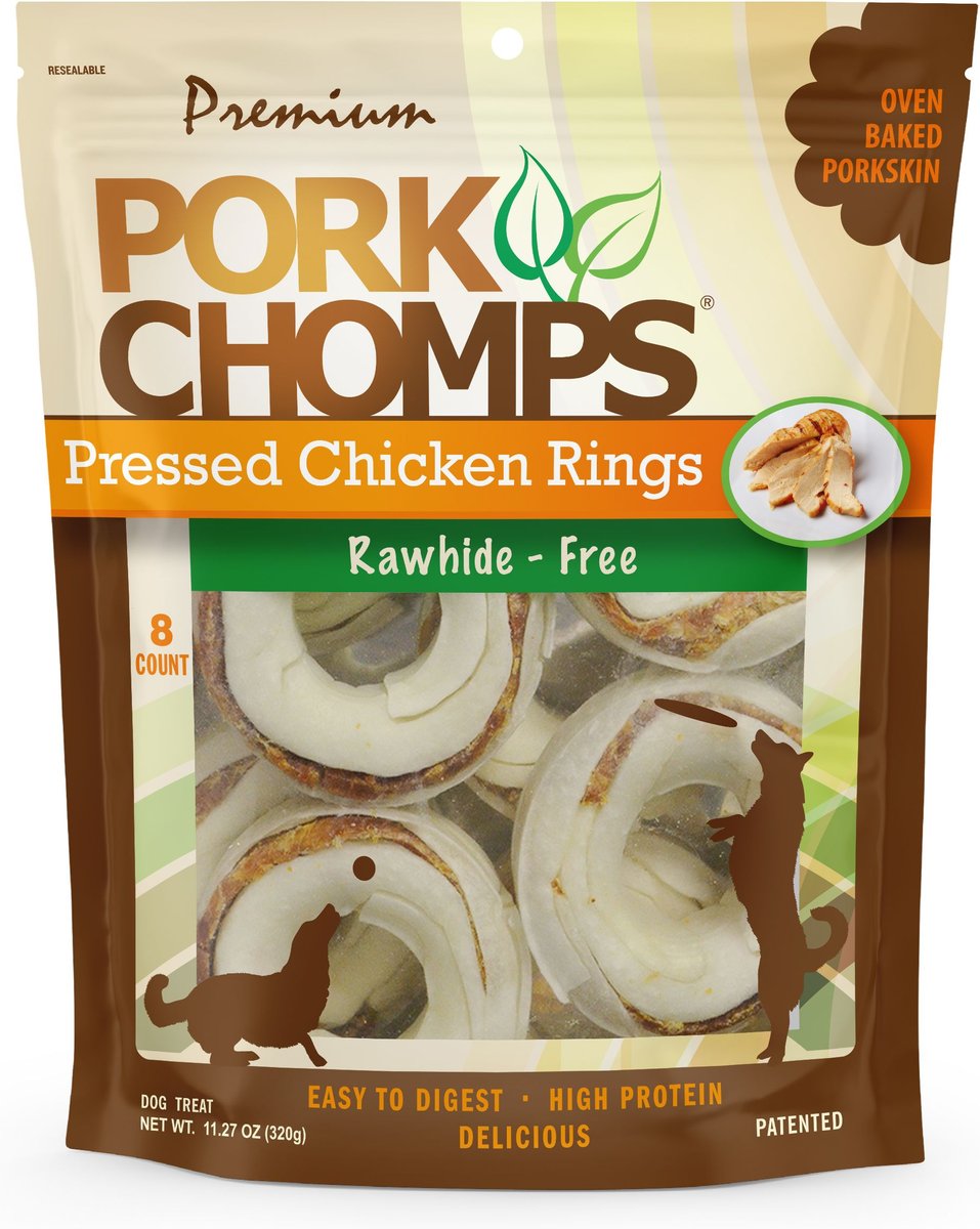Pork Chomps 2.5-in Pressed Pork Skin Rings with Real Chicken Chew Dog Treats, 8 count