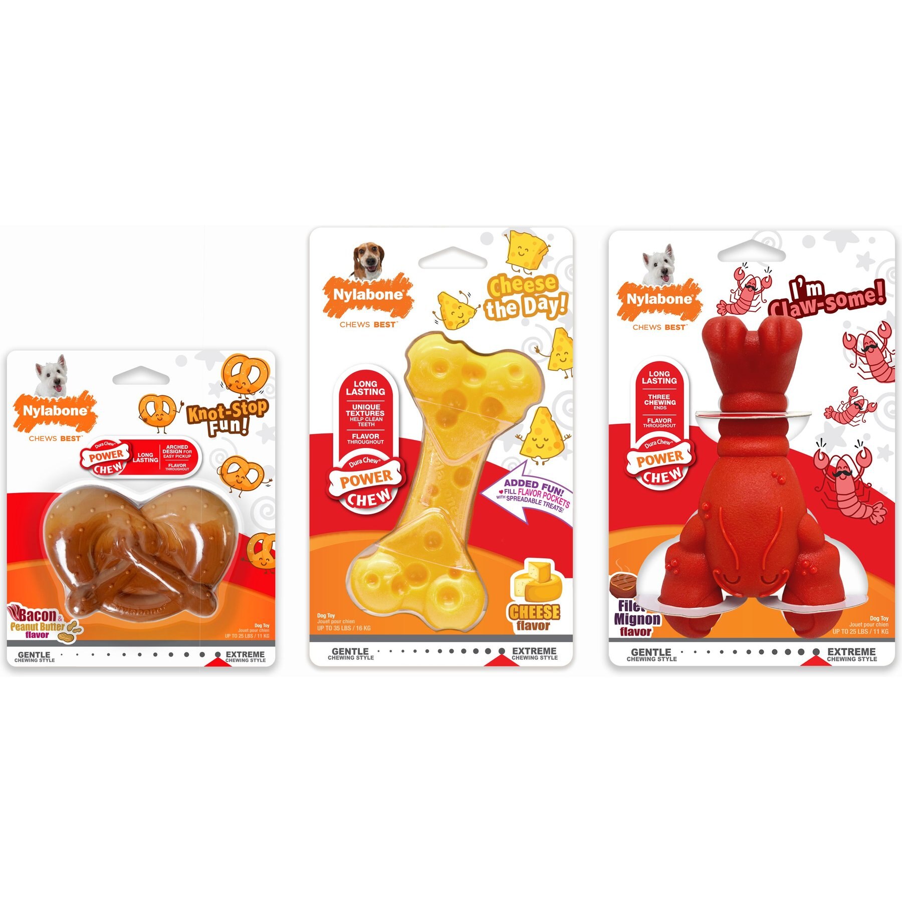 NYLABONE Power Chew Lobster, Cheese, & Pretzel Dog Chew Toy Bundle