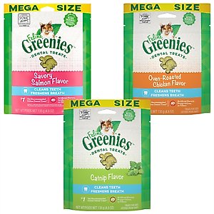 Variety Pack - Greenies Feline Oven Roasted Chicken Flavor Adult Dental Cat Treats, 4.6-oz bag, Salmon & Catnip Flavors