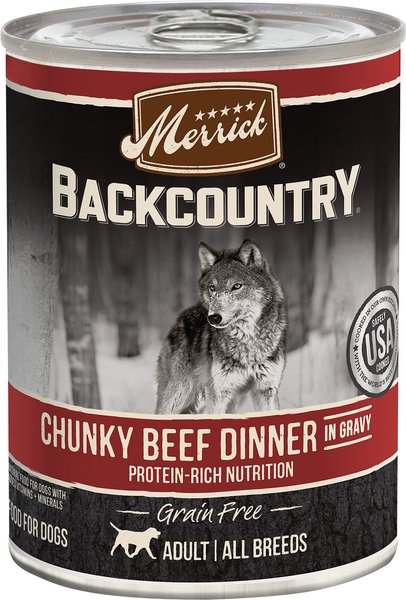 Merrick Backcountry Grain-Free Wet Dog Food Chunky Beef Dinner in Gravy, 12.7-oz can, case of 12 slide 1 of 9