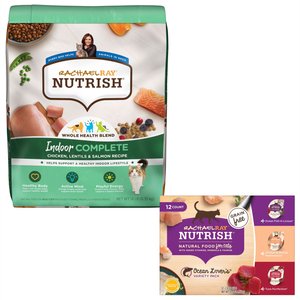 Rachael Ray Nutrish Indoor Complete Chicken with Lentils & Salmon Recipe Dry Cat Food +  Ocean Lovers Variety Pack Wet Cat Food