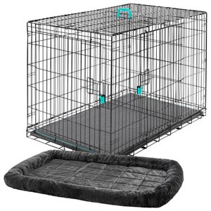 Frisco Heavy Duty Enhanced Lock Double Door Fold & Carry Wire Crate & Mat Kit, Teal, X-Large + MidWest Quiet Time Fleece Dog Crate Mat, Gray, 48-in