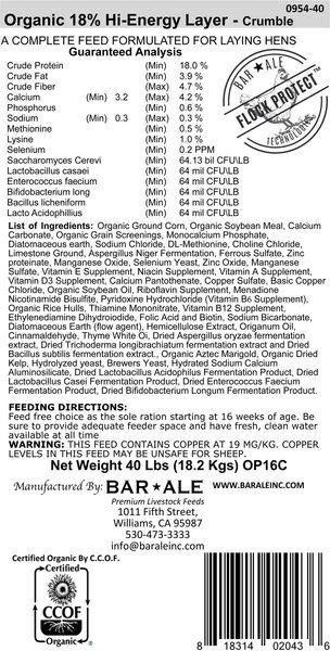Show full view: Bar ALE Organic 18% Protein Hi-Energy Layer Crumble Chicken Feed, 40-lb bag slide 4 of 5