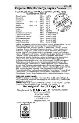 Show full view: Bar ALE Organic 18% Protein Hi-Energy Layer Crumble Chicken Feed, 40-lb bag slide 4 of 5