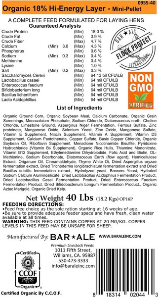 Show full view: Bar ALE Organic 18% Protein Hi-Energy Layer Mini-Pellet Chicken Feed, 40-lb bag slide 4 of 5