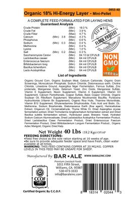 Show full view: Bar ALE Organic 18% Protein Hi-Energy Layer Mini-Pellet Chicken Feed, 40-lb bag slide 4 of 5