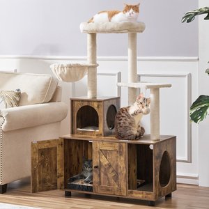 Yaheetech Cat Litter Box Enclosure Cat Tree & Condo, Rustic Brown & Beige