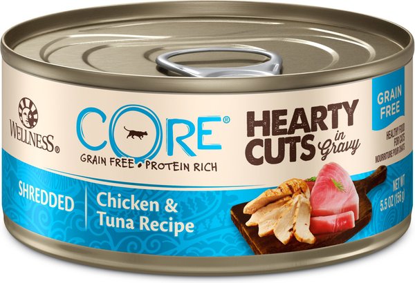 Wellness CORE Grain-Free Hearty Cuts in Gravy Shredded Chicken & Tuna Recipe Canned Cat Food, 5.5-oz, case of 24 slide 1 of 8