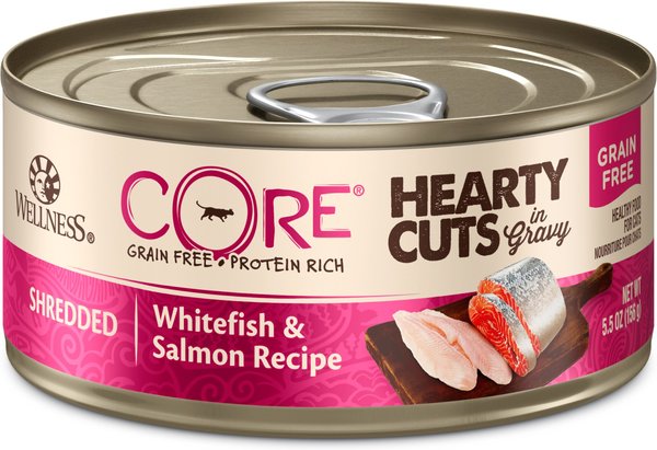 Wellness CORE Grain-Free Hearty Cuts in Gravy Shredded Whitefish & Salmon Recipe Canned Cat Food, 5.5-oz, case of 24 slide 1 of 10