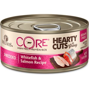Wellness CORE Grain-Free Hearty Cuts in Gravy Shredded Whitefish & Salmon Recipe Canned Cat Food, 5.5-oz, case of 24