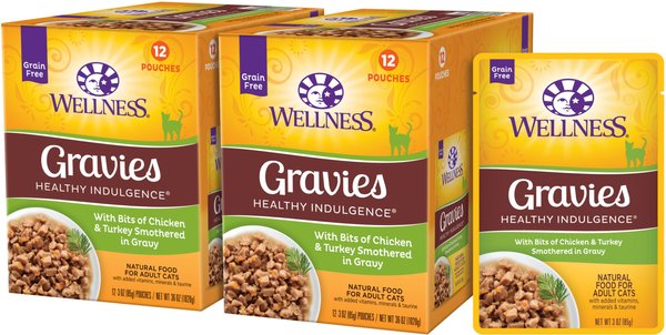 Wellness Healthy Indulgence Gravies with Bits of Chicken & Turkey Smothered in Gravy Grain-Free Wet Cat Food Pouches, 3-oz, case of 24 slide 1 of 8