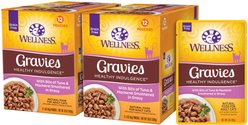 Wellness Healthy Indulgence Gravies with Bits of Tuna & Mackerel Smothered in Gravy Grain-Free Wet Cat Food Pouches, 3-oz, case of 24