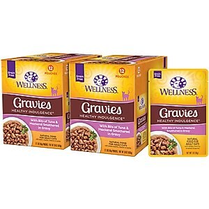 Wellness Healthy Indulgence Gravies with Bits of Tuna & Mackerel Smothered in Gravy Grain-Free Wet Cat Food Pouches, 3-oz, case of 24