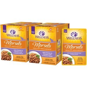Wellness Healthy Indulgence Morsels with Chicken & Chicken Liver in Savory Sauce Grain-Free Wet Cat Food Pouches, 3-oz, case of 24