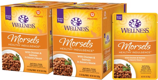 Wellness Healthy Indulgence Morsels with Chicken & Salmon in Savory Sauce Grain-Free Wet Cat Food Pouches, 3-oz, case of 24 slide 1 of 8