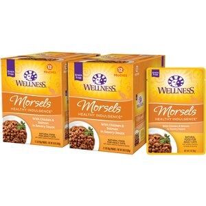 Wellness Healthy Indulgence Morsels with Chicken & Salmon in Savory Sauce Grain-Free Wet Cat Food Pouches, 3-oz, case of 24