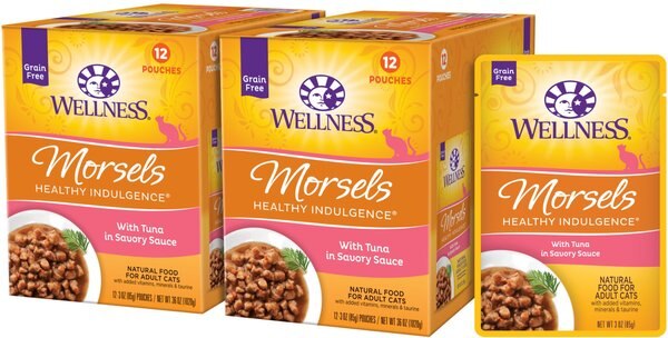 Wellness Healthy Indulgence Morsels with Tuna in Savory Sauce Grain-Free Wet Cat Food Pouches, 3-oz, case of 24 slide 1 of 8