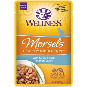 Wellness Healthy Indulgence Morsels with Turkey & Duck in Savory Sauce Grain-Free Wet Cat Food Pouches, 3-oz, case of 24