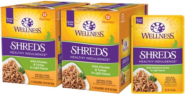 Wellness Healthy Indulgence Shreds with Chicken & Turkey in Light Sauce Grain-Free Wet Cat Food Pouches, 3-oz, case of 24 slide 1 of 8