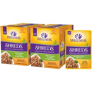 Wellness Healthy Indulgence Shreds with Chicken & Turkey in Light Sauce Grain-Free Wet Cat Food Pouches, 3-oz, case of 24