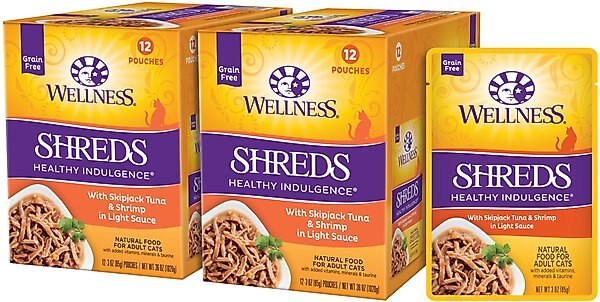 Wellness Healthy Indulgence Shreds with Skipjack Tuna & Shrimp in Light Sauce Grain-Free Wet Cat Food Pouches, 3-oz, case of 24 slide 1 of 10
