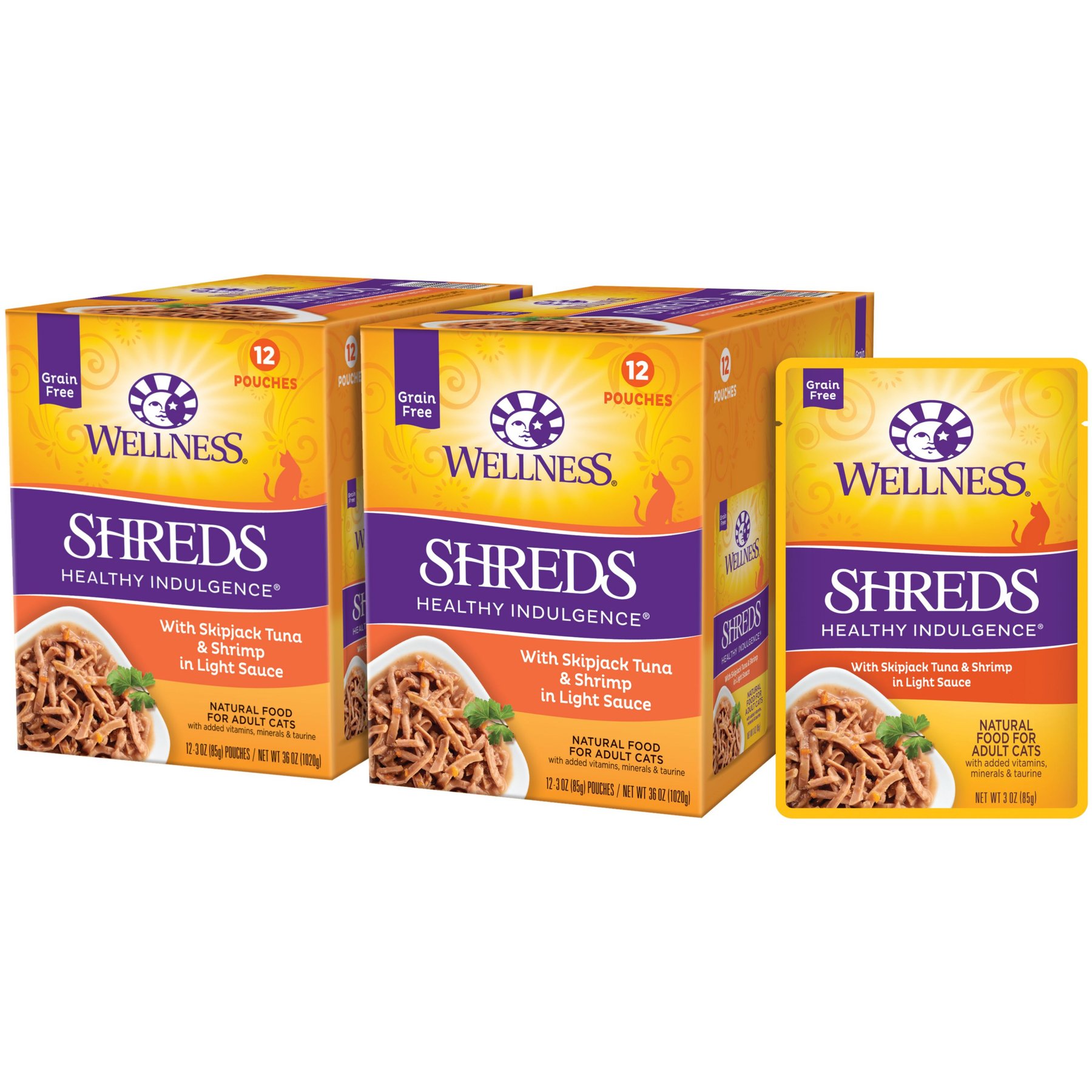 Wellness Complete Health Healthy Indulgence Shreds with Skipjack Tuna & Shrimp in Light Sauce Grain-Free Wet Cat Food Pouches