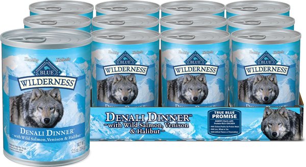 BLUE BUFFALO Wilderness Denali Dinner High Protein Grain Free Wild Salmon Venison Halibut Wet Dog Food 12.5 oz can 12 count Chewy