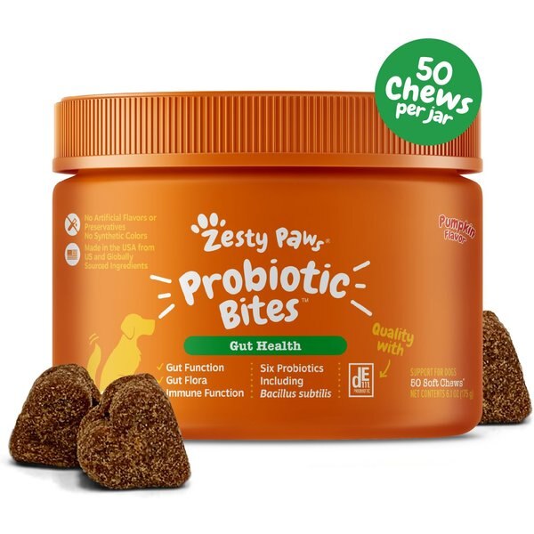 ZESTY PAWS Probiotic Bites Pumpkin Flavored Soft Chews Gut Flora & Digestive Supplement for Dogs