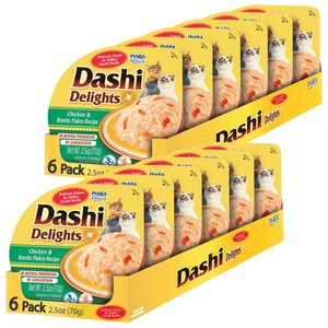 Inaba Dashi Delights Chicken & Bonito Flakes Flavored Bits in Broth Cat Food Topping, 2.5-oz cup, pack of 12
