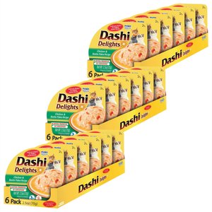Inaba Dashi Delights Chicken & Bonito Flakes Flavored Bits in Broth Cat Food Topping, 2.5-oz cup, pack of 18