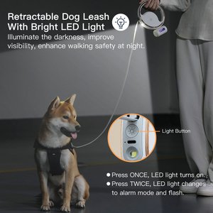 Shele Retractable Anti-Slip Handle & LED Light Nylon Telescopic Luminous Dog Leash, White, 10-ft long, .4-in W