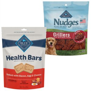 Blue Buffalo Health Bars Baked with Bacon, Egg & Cheese + Nudges Grillers Steak Natural Dog Treats
