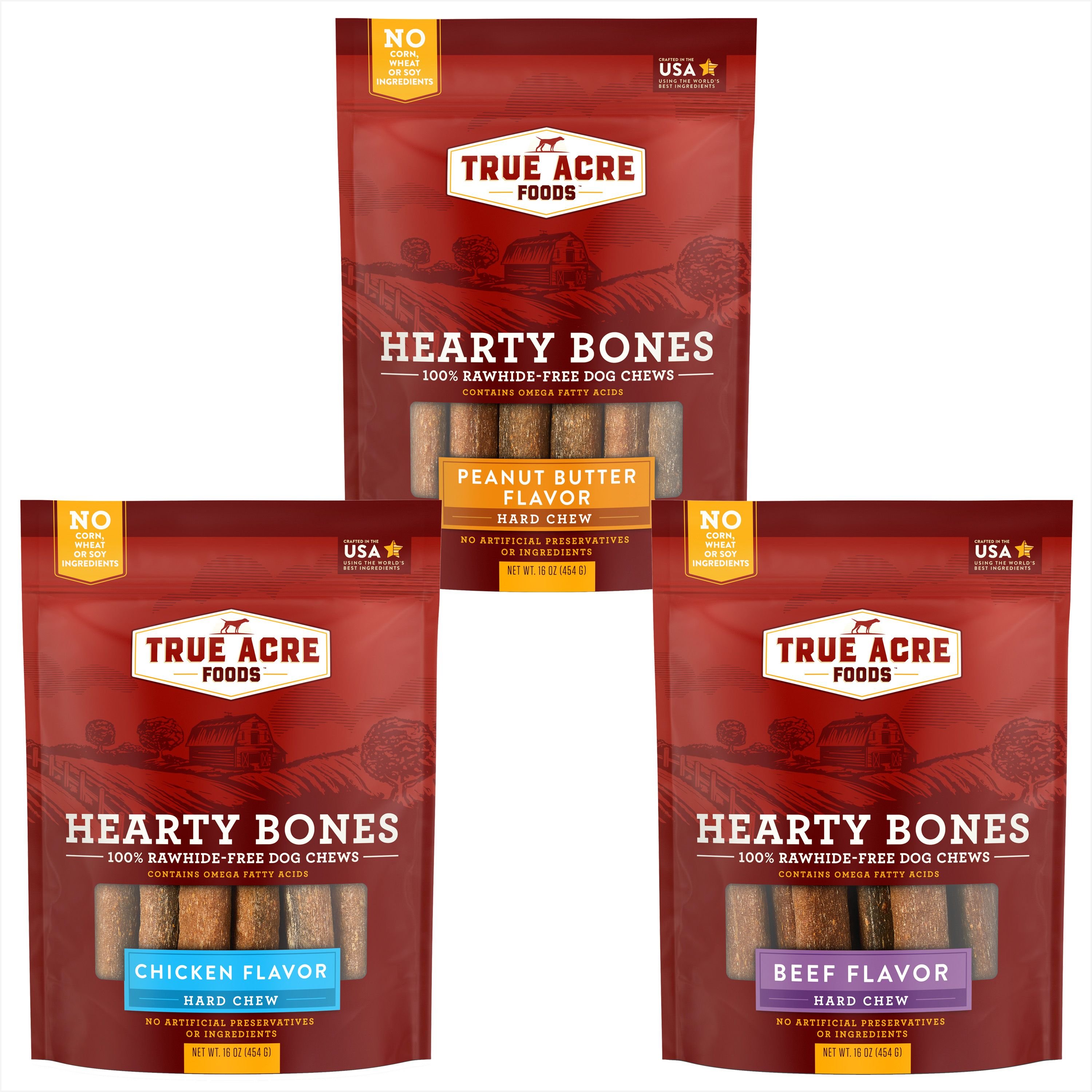 TRUE ACRE FOODS Hearty Bones Beef Flavored Treats, 16oz bag + 2 items