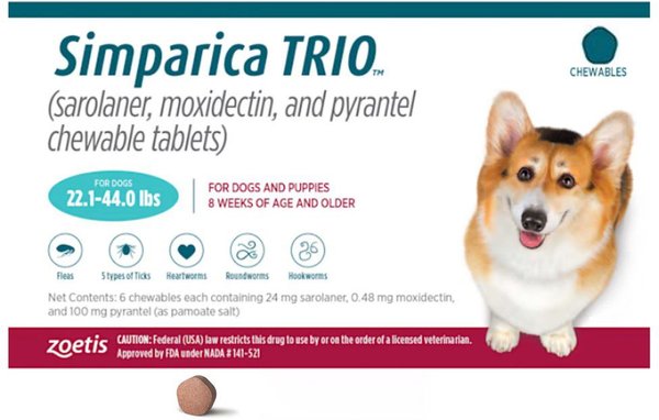 SIMPARICA TRIO Chewable Tablet for Dogs, 22.1-44.0 lbs, (Teal Box), 1 ...