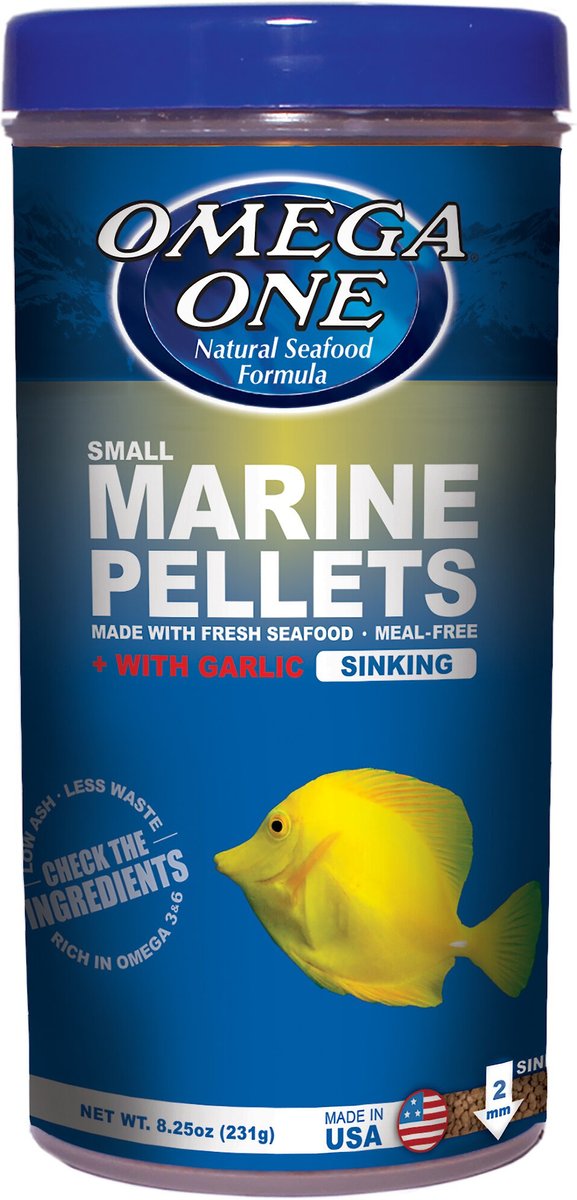 OMEGA ONE Small Marine Pellets with Garlic Fish Food 8.25 oz jar